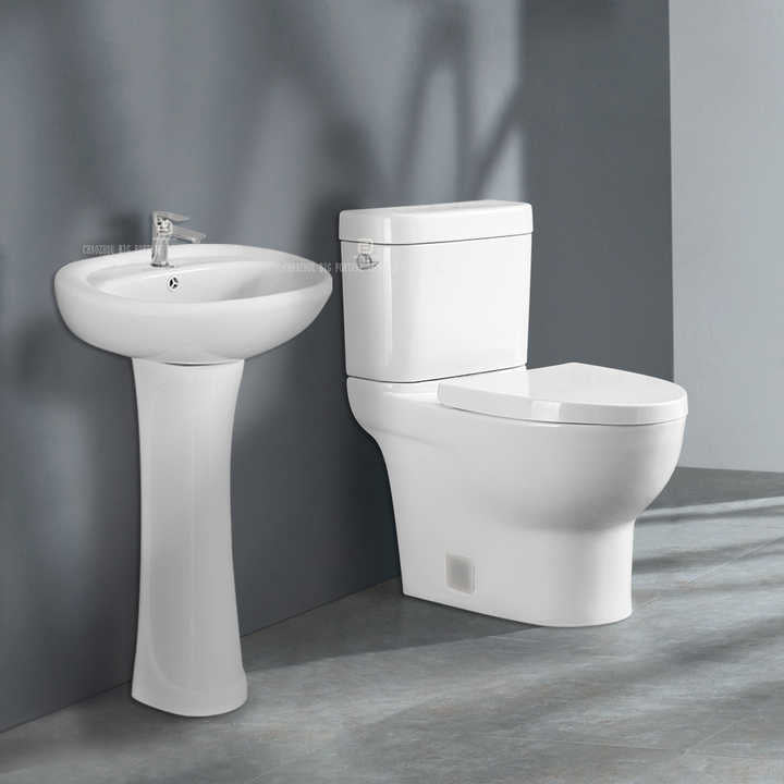 Phòng tắm khách sạn, tủ đựng đồ vệ sinh, bồn cầu hai khối và chậu rửa mặt bằng sứ giá rẻ