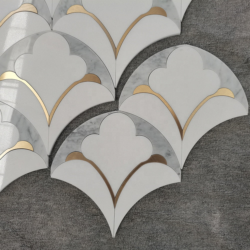 Centurymosaic Gạch Mosaic Đá Cẩm Thạch Cắt Tia Nước, Đá Ốp Sàn và Tường Cẩm Thạch Pha Đồng Thau, Thiết Kế Gạch Mosaic Cắt Tia Nước Từ Nhà Máy Thái Lan