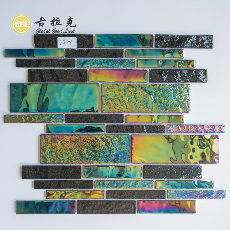 Gạch Mosaic Kính Đen Óng Ánh Cao Cấp, Dạng Dải, Bề Mặt Bóng, Dày 6mm, Dùng Cho Tường Điểm Quầy Bar & Trang Trí Câu Lạc Bộ