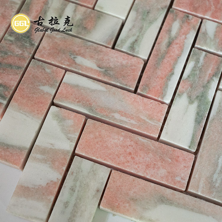 Gạch Mosaic Đá Cẩm Thạch Tự Nhiên Rosso Norwegine Họa Tiết Xương Cá 10mm Trang Trí Tường Sàn cho Phòng Khách, Phòng Ngủ, Nhà Bếp, Khách Sạn