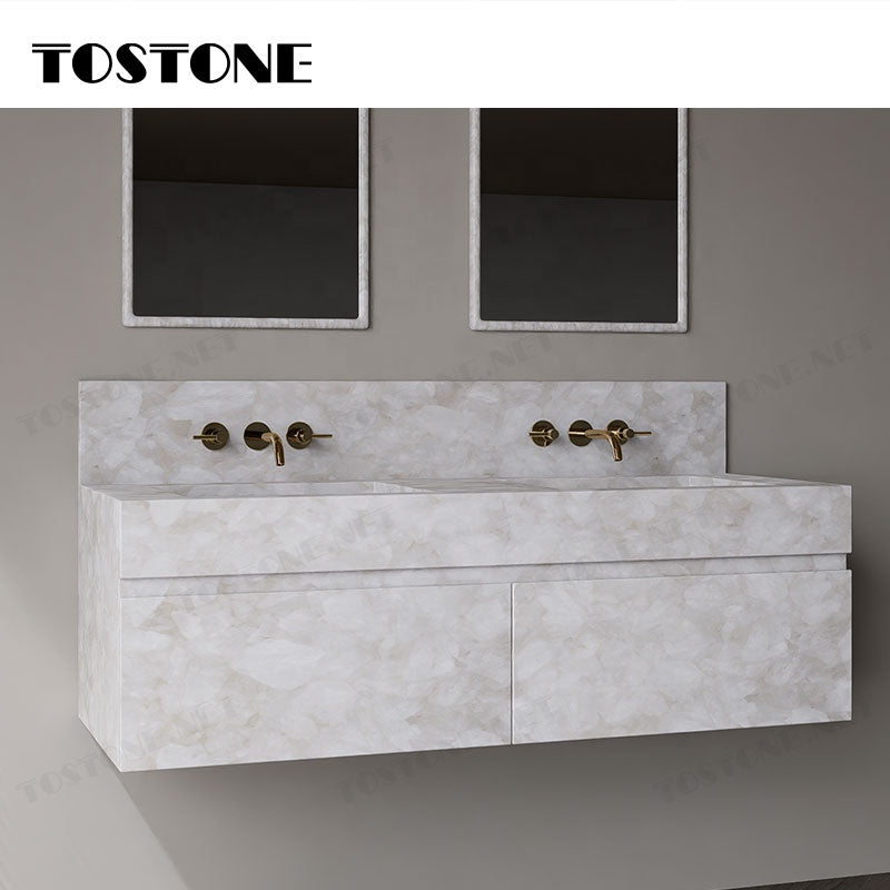 Tostone Mặt bàn lavabo phòng tắm gắn tường bằng đá thạch anh trắng tinh thể tự nhiên, chống thấm nước, bền bỉ, dành cho phòng vệ sinh, nội thất tùy chỉnh.