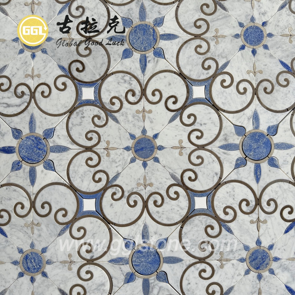 Gạch Mosaic Trắng Carrara Hình Cắt Tia Nước Hiện Đại Với Họa Tiết Hoa Dùng Trang Trí Phòng Ngủ, Nhà Bếp & Phòng Tắm