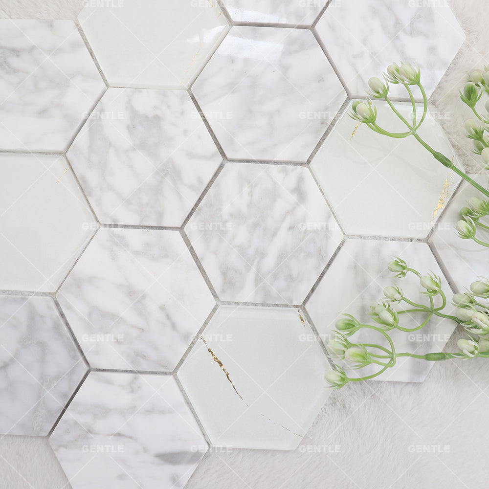 Gạch Ốp Tường Trang Trí Mosaic Bếp Đá Cẩm Thạch Trắng Và Xanh Mòng Két Đánh Bóng