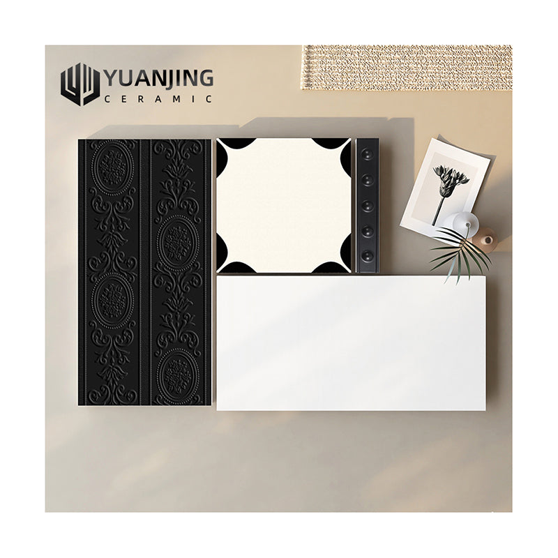 Gạch Sứ Ốp Tường Sợi Thủy Tinh 300x600mm Phong Cách Retro Pháp Dùng Cho Tường Bếp, Phòng Tắm, Ban Công Họa Tiết Hoa Nhỏ Phối Đen Trắng