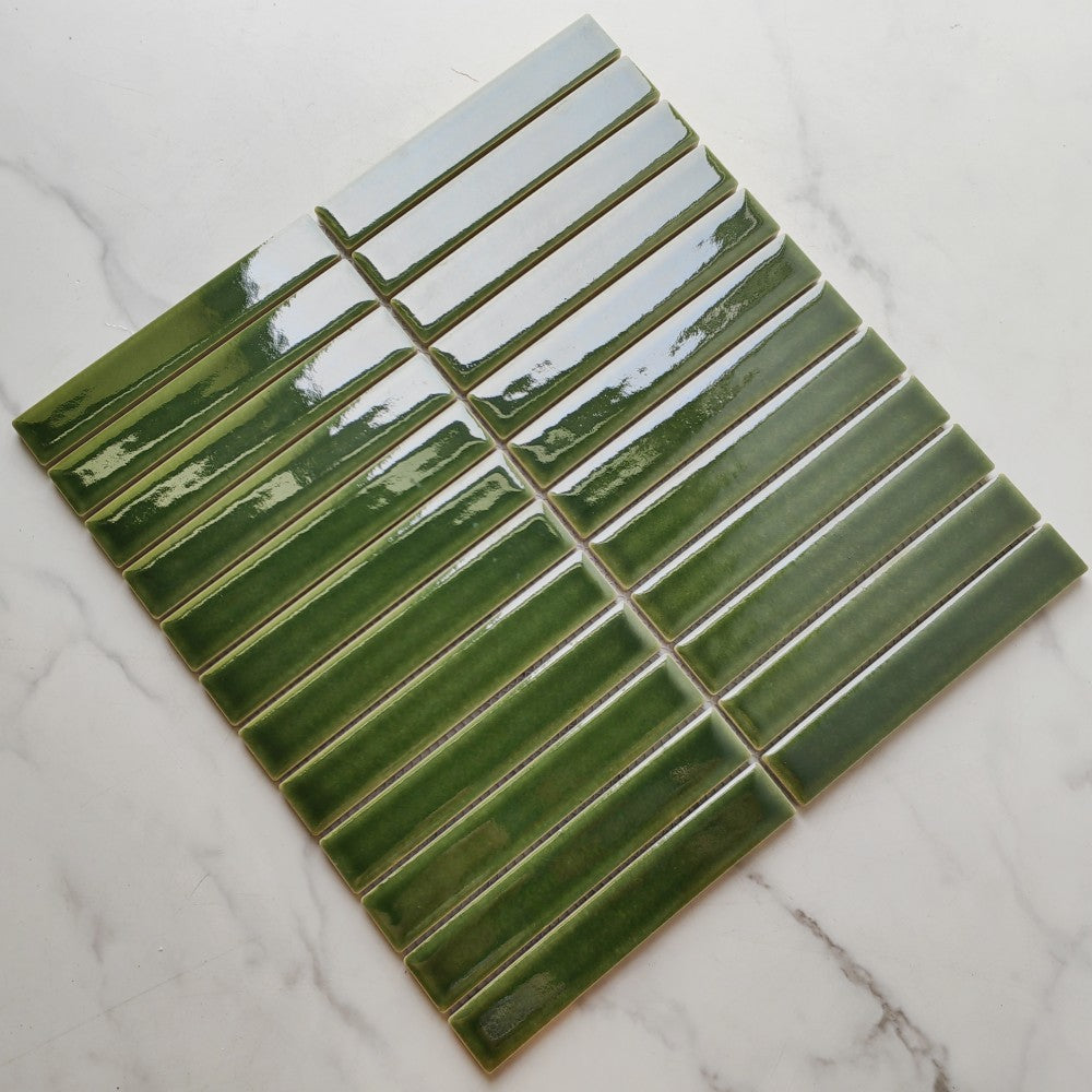 Mảnh Gạch Mosaic Gốm Sứ Dạng Dải Màu Xanh Lá Bóng Mới Dùng Cho Ốp Tường Bếp Phòng Tắm