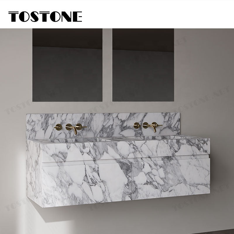Tostone Mặt bàn lavabo phòng tắm gắn tường bằng đá cẩm thạch Arabescato Corchia tự nhiên sang trọng dành cho phòng vệ sinh nhỏ, thiết kế nội thất tùy chỉnh