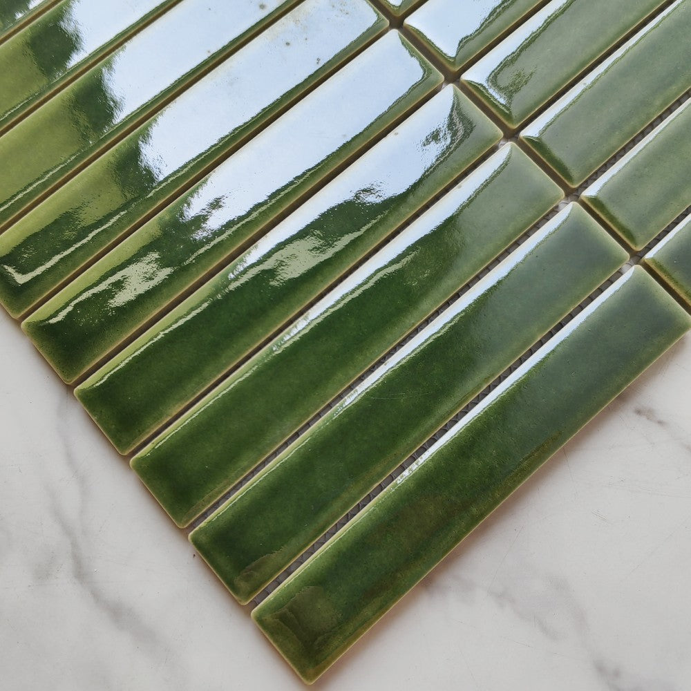 Mảnh Gạch Mosaic Gốm Sứ Dạng Dải Màu Xanh Lá Bóng Mới Dùng Cho Ốp Tường Bếp Phòng Tắm