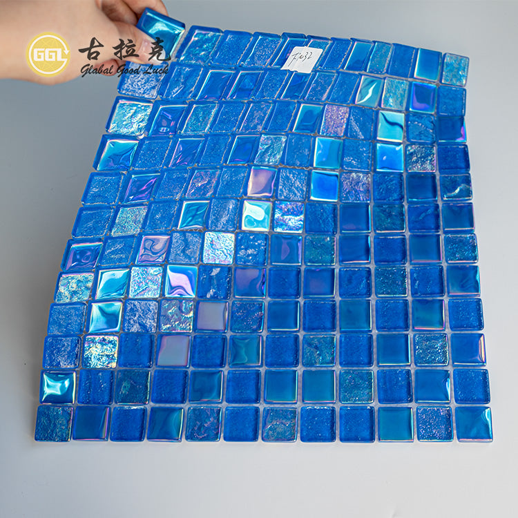 Gạch Mosaic Thủy Tinh Óng Ánh Xanh Dương Bóng Thiết Kế Vuông Dùng Cho Quầy Cà Phê, Tường, Trưng Bày Cửa Hàng Boutique Và Nội Thất