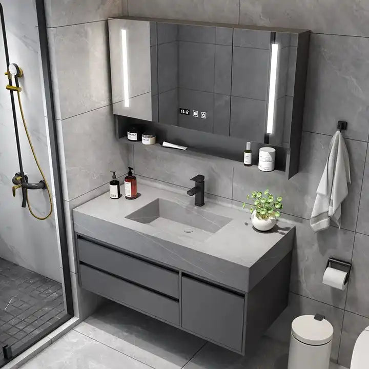 Tủ đựng đồ phòng tắm gắn tường màu xám hiện đại của khách sạn bằng gỗ nguyên khối Bộ tủ đựng đồ phòng tắm bằng đá cẩm thạch nổi