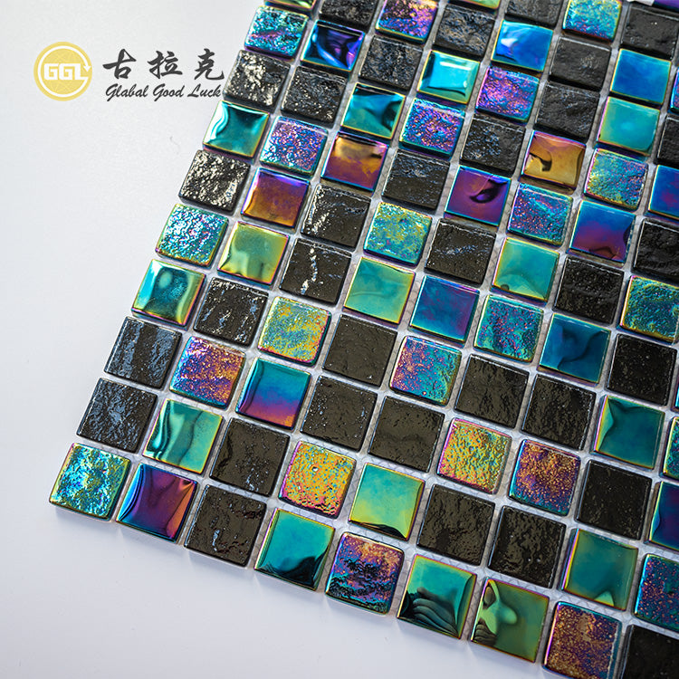 Gạch Mosaic Thủy Tinh Đen & Đa Sắc Rực Rỡ Hoa Văn Vuông Bóng