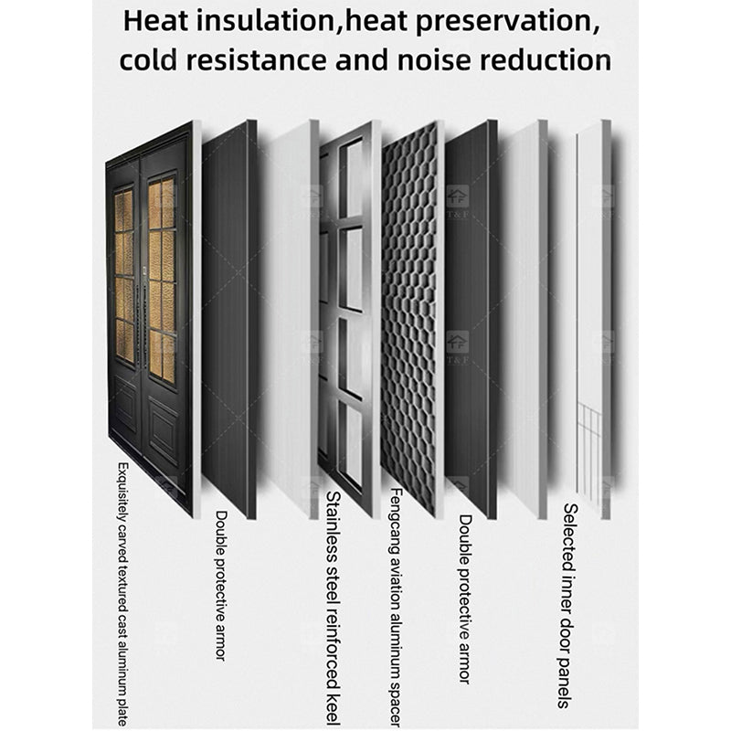 Cửa Chính Hiện Đại Chống Trộm Phong Cách Pháp, Kính Cường Lực Hai Lớp, Hợp Kim Nhôm & Gỗ Màu Đen Dành Cho Biệt Thự