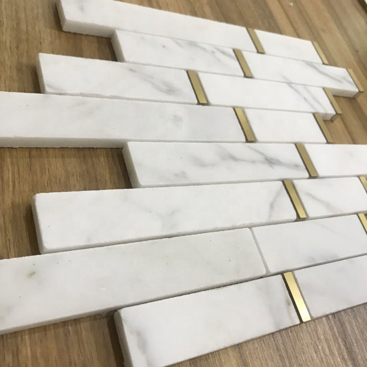 Gạch Mosaic Đá Cẩm Thạch Trắng Carrara Phối Đồng Thau Hình Gạch Ốp Tường Nội Thất