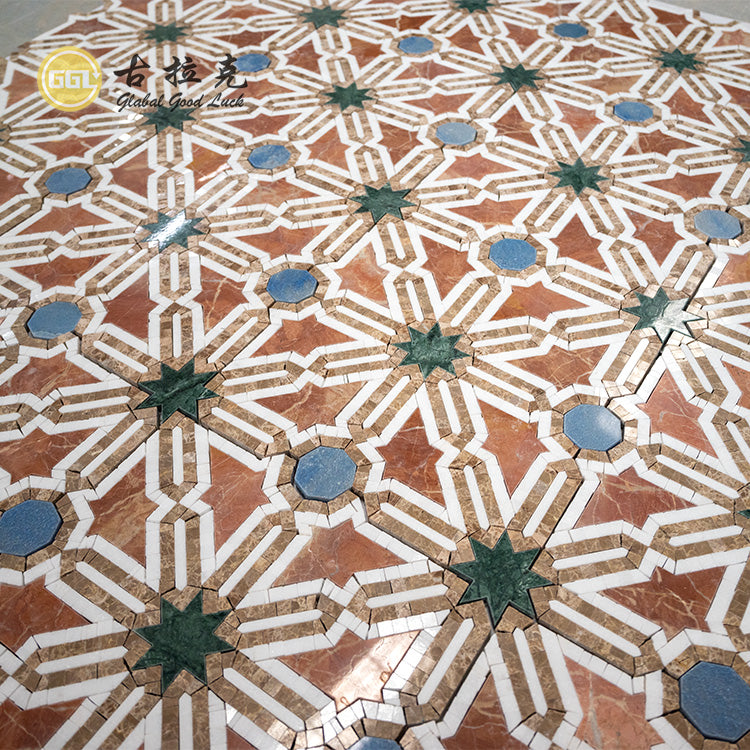 Gạch Mosaic Hoa văn tùy chỉnh từ Đá cẩm thạch Rosso Alicante và Azul Macaubas dùng để trang trí nội thất