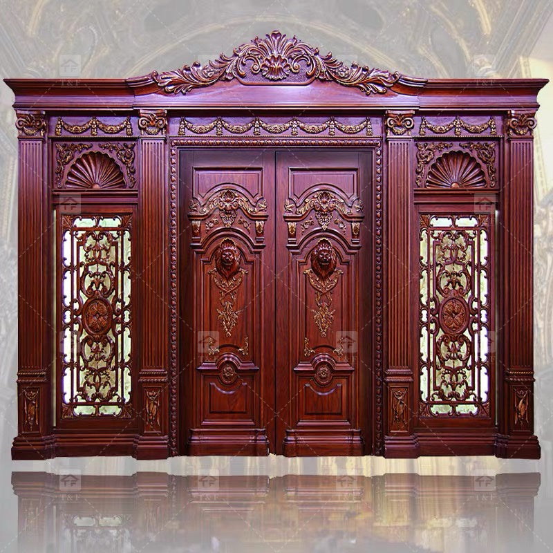 Cửa chính đôi gỗ hiện đại chạm khắc gỗ nguyên khối, chống thấm nước, dùng cho ngoại thất đã hoàn thiện.