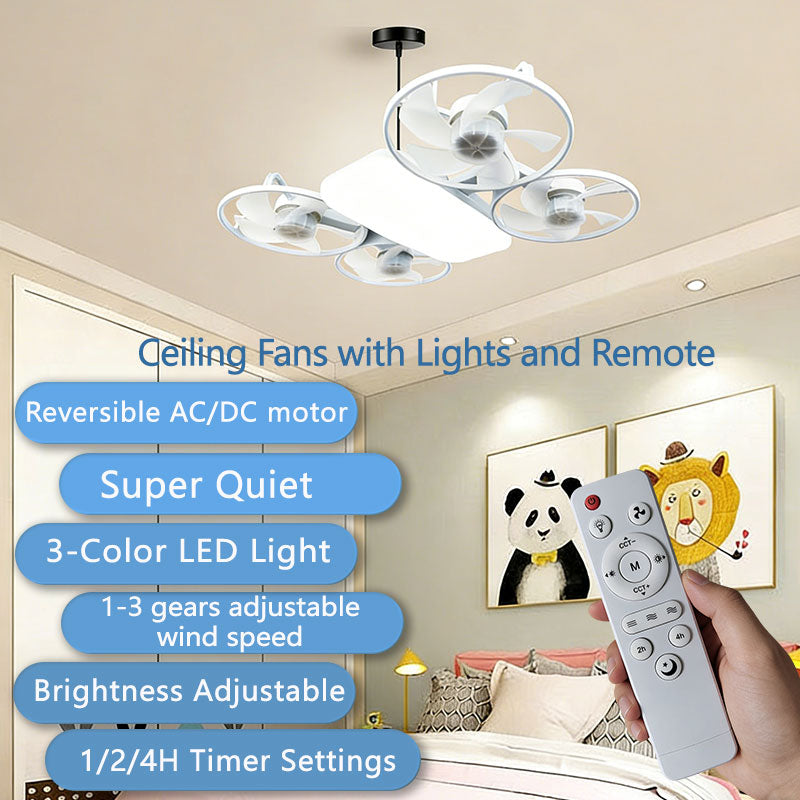 Quạt trần đèn LED hiện đại, điều khiển từ xa, điều chỉnh 3 tốc độ, 4 cánh, kiểu drone, gắn vít, bố cục Agi32