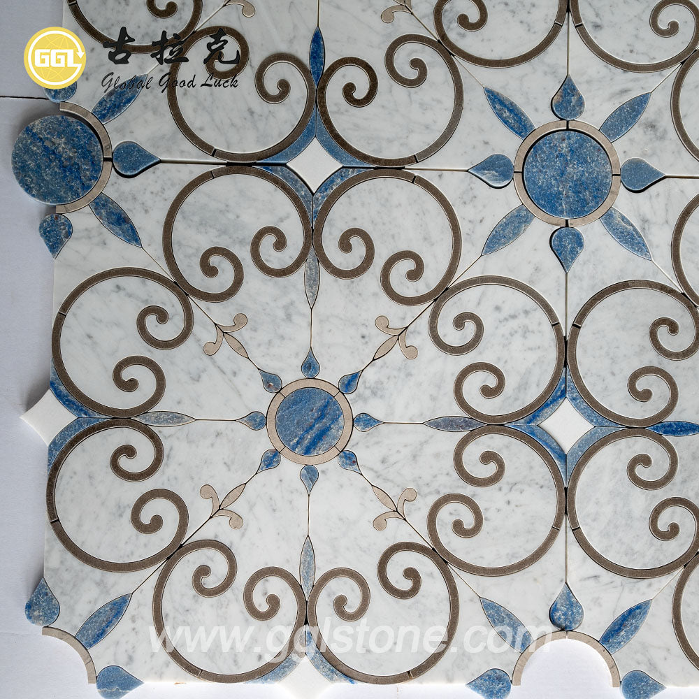 Gạch Mosaic Trắng Carrara Hình Cắt Tia Nước Hiện Đại Với Họa Tiết Hoa Dùng Trang Trí Phòng Ngủ, Nhà Bếp & Phòng Tắm