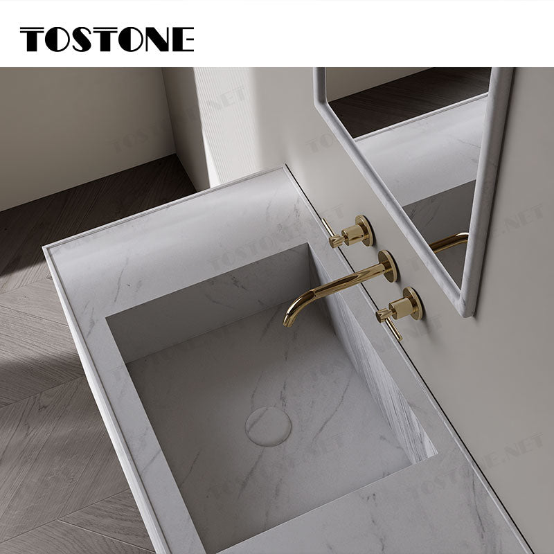 Tostone Bàn lavabo phòng tắm sang trọng, trắng Volakas tự nhiên mài mờ, cổ điển
