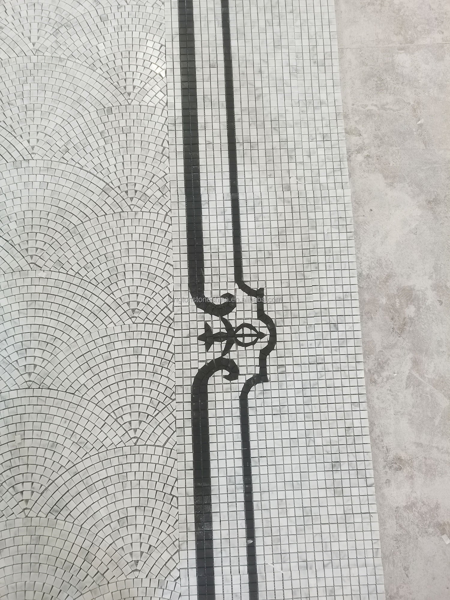 Mosaic Đá Cẩm Thạch Trắng Đen Hình Quạt Và Vuông Dạng Ghép Hình Khổ Lớn Tùy Chỉnh Cho Trang Trí Tường Khách Sạn, Biệt Thự