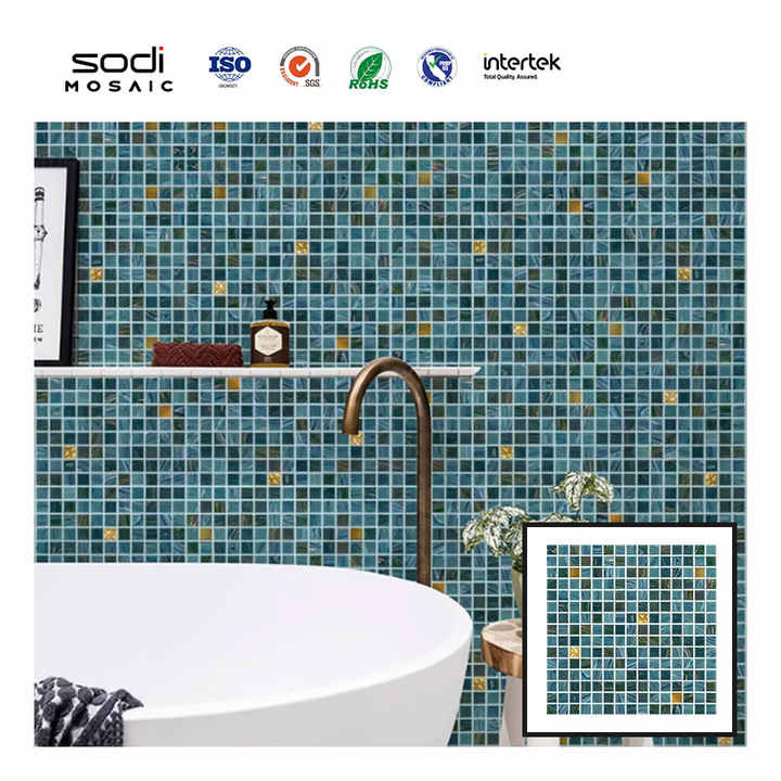 Gạch mosaic thủy tinh vuông nhỏ chống thấm nước màu xanh lam xanh lá cây pha trộn lấp lánh dùng để trang trí tường