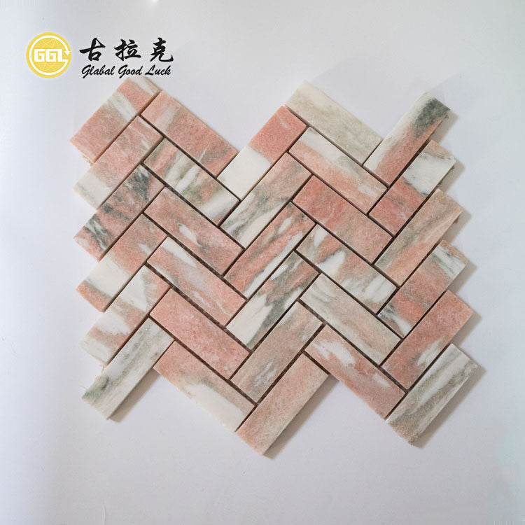 Gạch Mosaic Đá Cẩm Thạch Tự Nhiên Rosso Norwegine Họa Tiết Xương Cá 10mm Trang Trí Tường Sàn cho Phòng Khách, Phòng Ngủ, Nhà Bếp, Khách Sạn