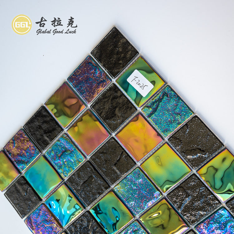 Gạch Mosaic Thủy Tinh Đen & Đa Sắc Rực Rỡ Hoa Văn Vuông Bóng