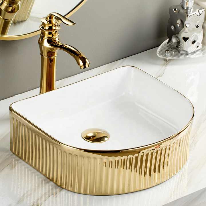Chậu rửa mặt lavabo viền vàng sứ sang trọng, bồn rửa tay nghệ thuật