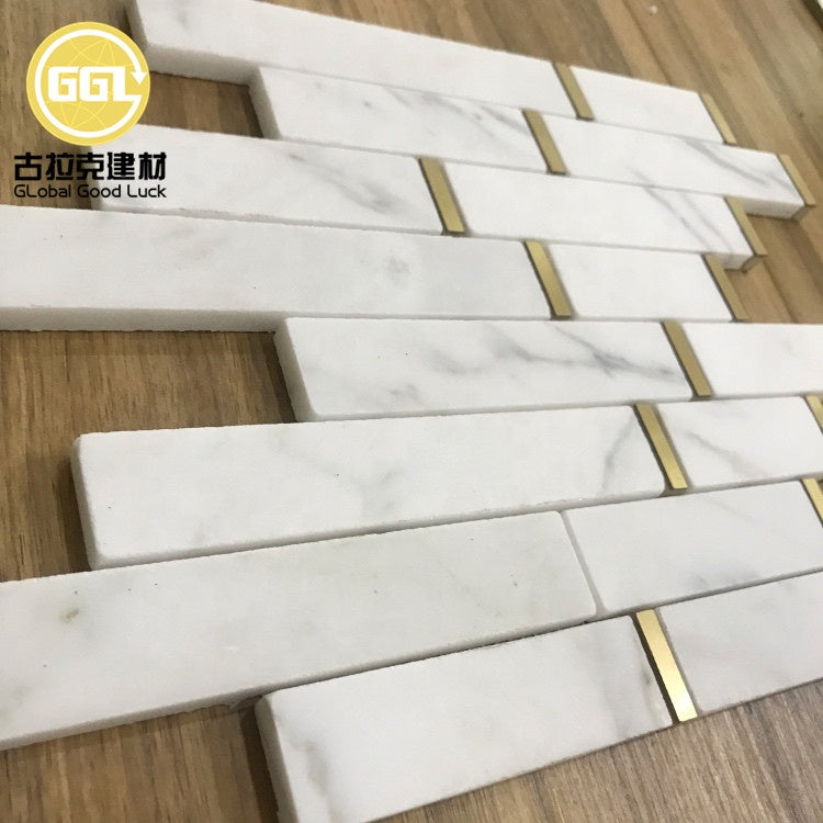 Gạch Mosaic Đá Cẩm Thạch Trắng Carrara Phối Đồng Thau Hình Gạch Ốp Tường Nội Thất