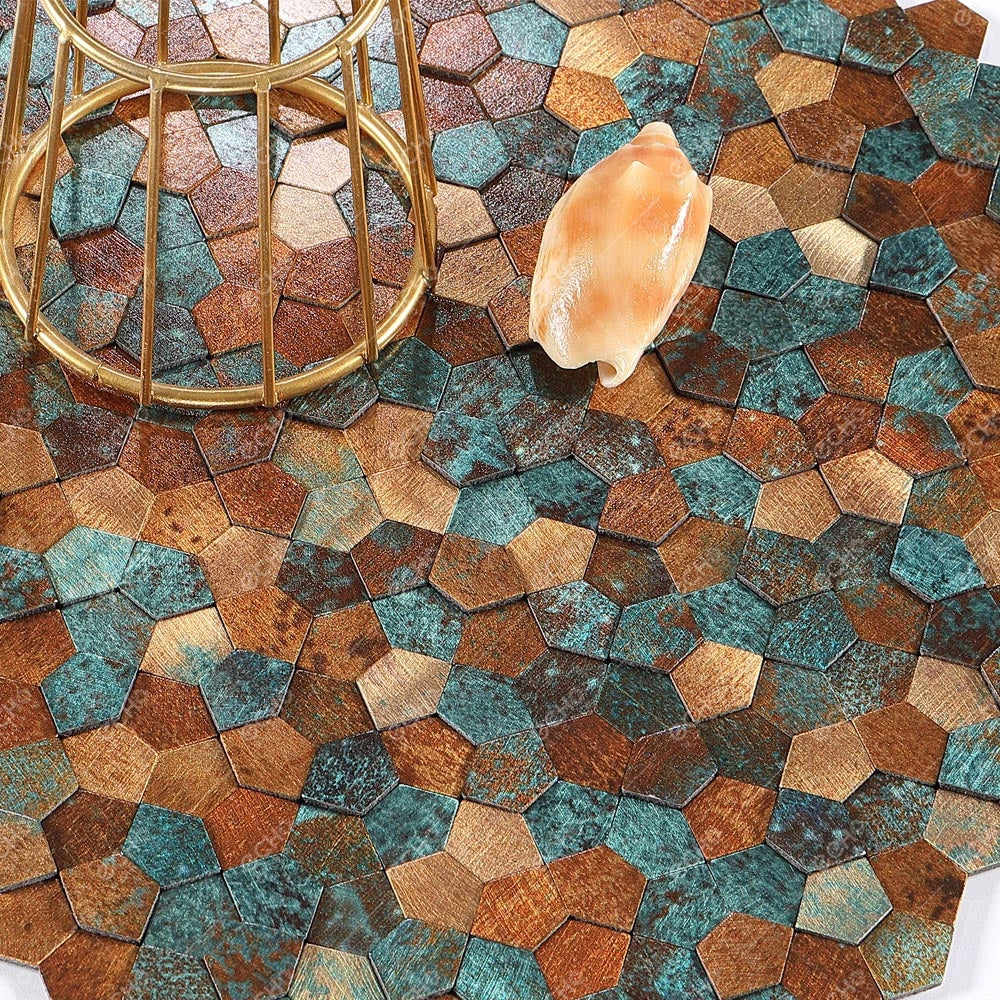 Gạch Mosaic Hợp Kim Nhôm Bóc Dán 3D Mini Ngũ Giác Bất Quy Tắc Đồng Thau Xanh Đồng Cổ Điển
