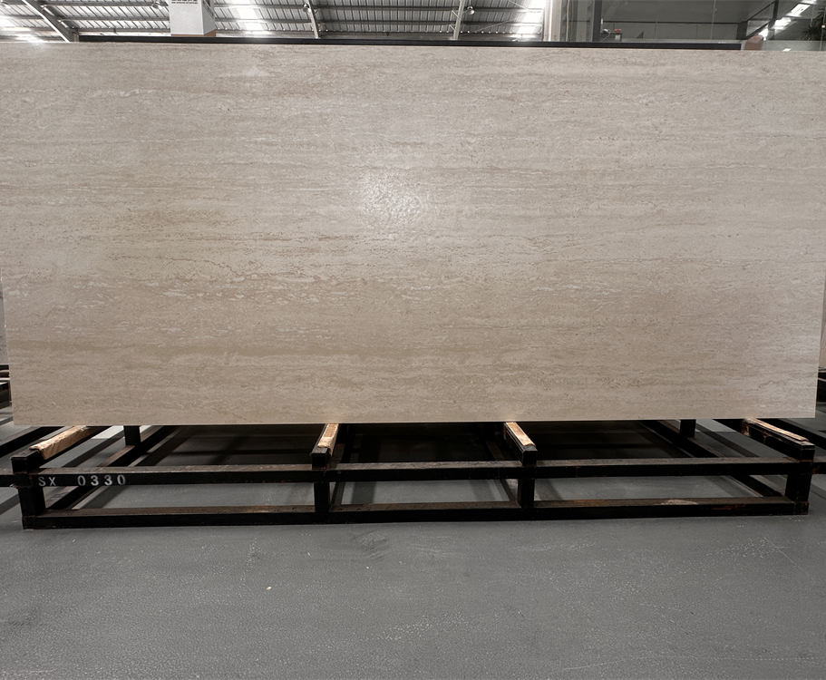 Gạch Lát Sàn Đá Nung Kết Porcelain Lớn Vân Đá Travertine Màu Be Sang Trọng Bề Mặt Mờ