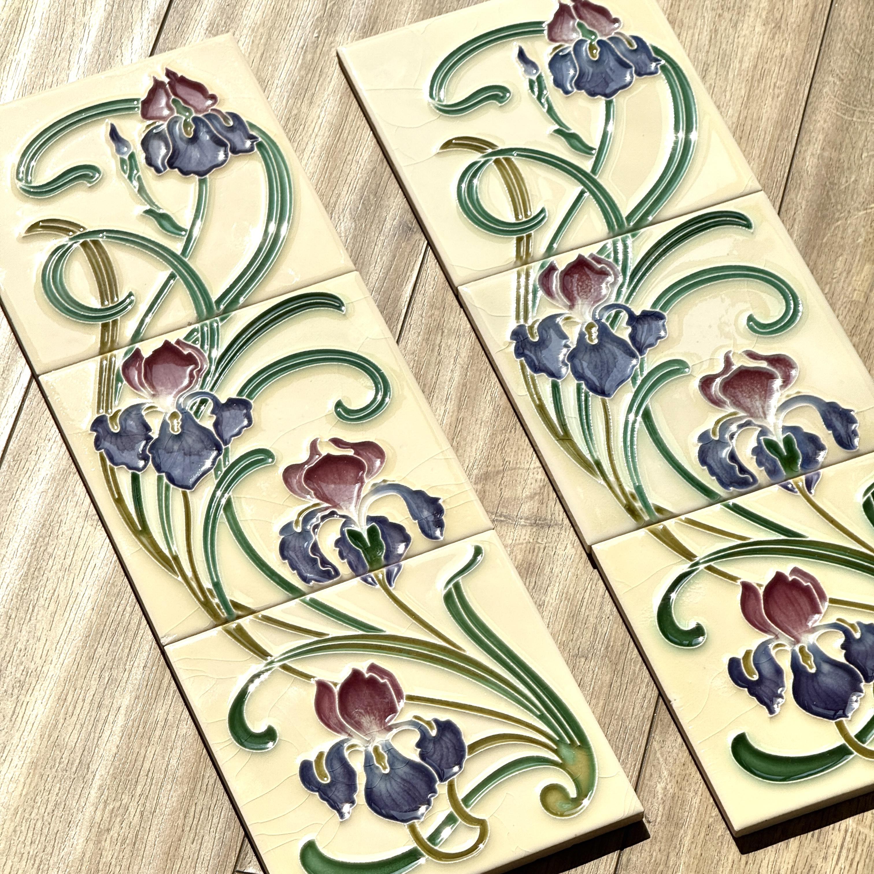 Gạch ốp tường gốm tráng men 3D khắc lại kiểu cổ điển tùy chỉnh, họa tiết gradient hoa diên vĩ tím phong cách hiện đại, dành cho gạch chịu lửa vuông.