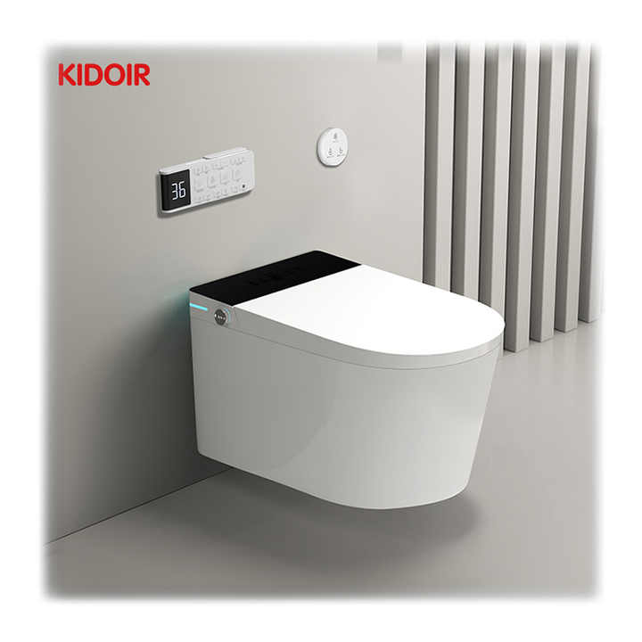 Bồn cầu thông minh treo tường kỹ thuật số P Trap mới nhất sang trọng năm 2024 có điều khiển từ xa, có tấm chắn bọt vệ sinh