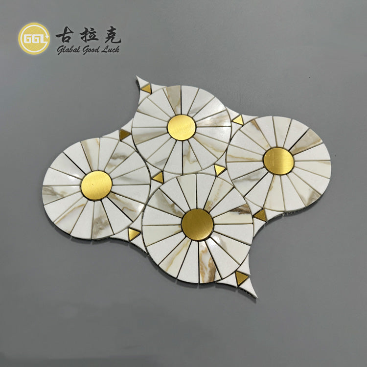 Đá cẩm thạch Calacatta Gold Tròn kết hợp đồng thau Gạch mosaic cắt tia nước 10mm Hoa văn Parquet hiện đại Trang trí tường bếp & biệt thự
