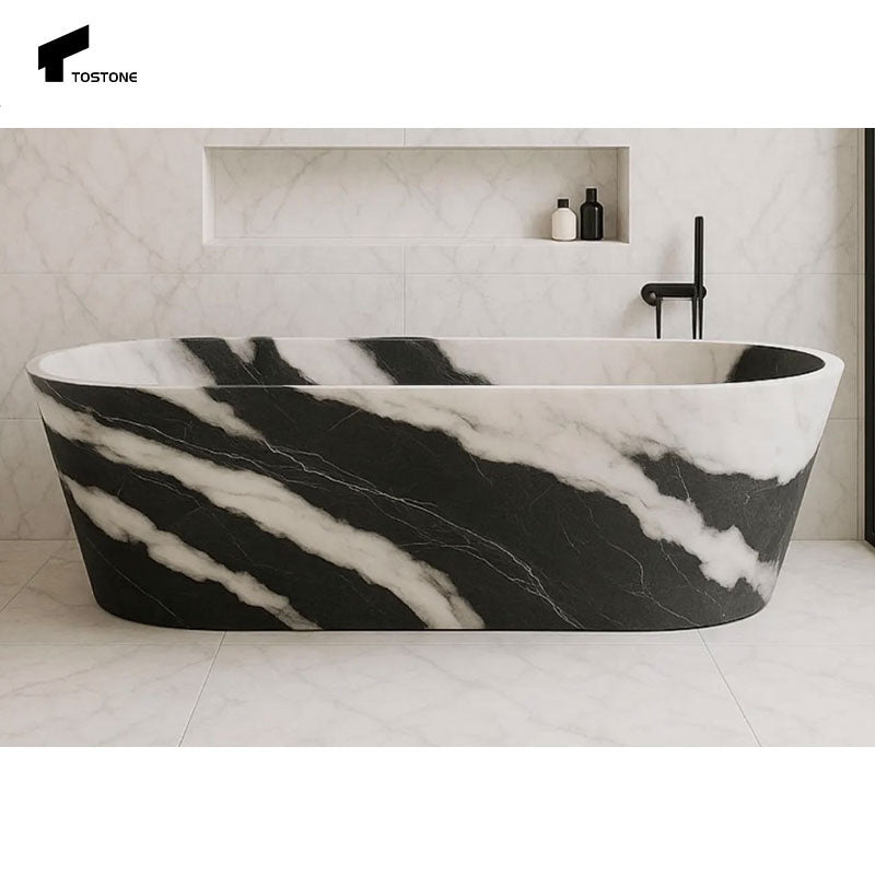 Nội thất phòng tắm Tostone sản xuất trực tiếp từ nhà máy, Bồn tắm đá tự nhiên hình bầu dục Trắng Panda