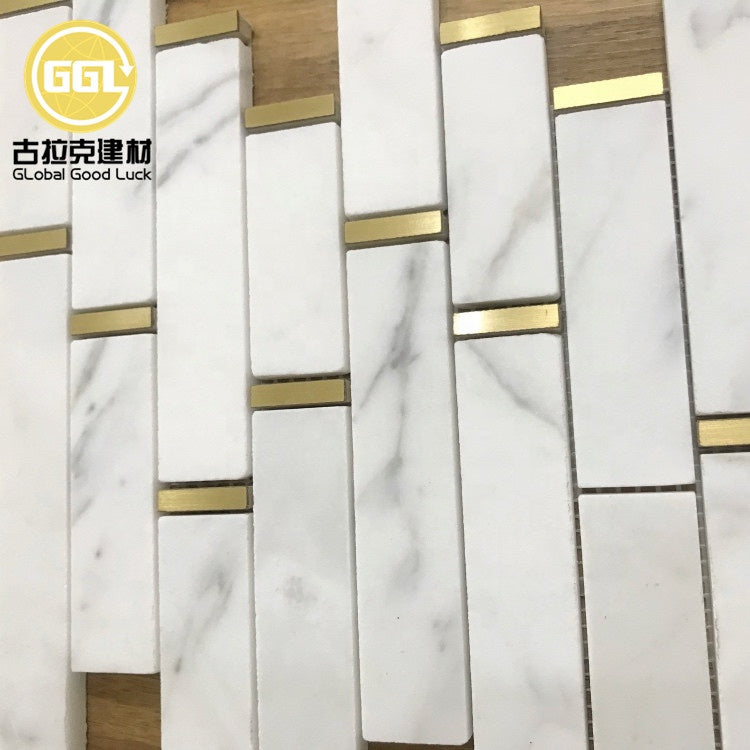 Gạch Mosaic Đá Cẩm Thạch Trắng Carrara Phối Đồng Thau Hình Gạch Ốp Tường Nội Thất