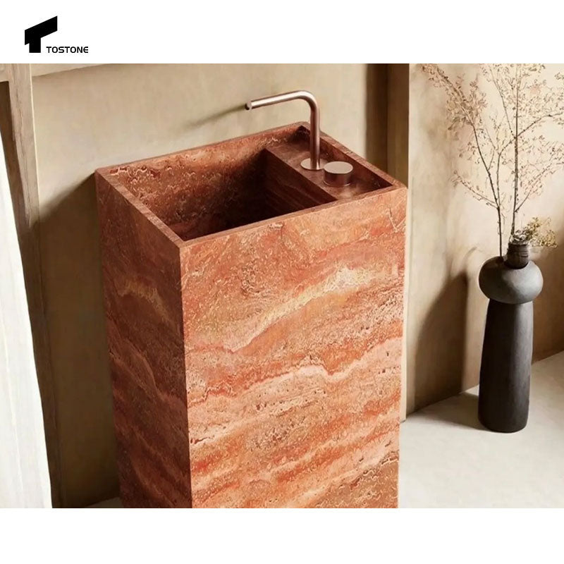 Chậu rửa chân đế đá Travertine đỏ tự nhiên Tostone Tối giản