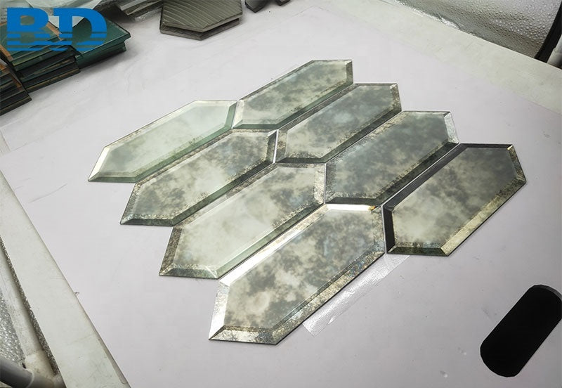 Gạch Gương Cổ Điển Mosaic Lục Giác Dài Vát Cạnh Bóng Mờ Khói Gạch Ốp Tường Gương Tổ Ong Vát Cạnh