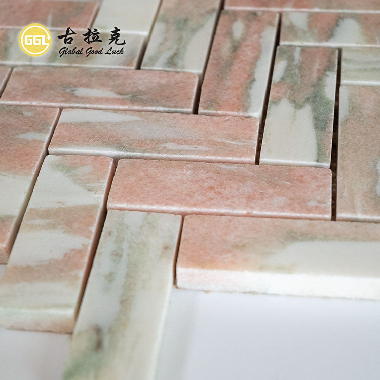 Gạch Mosaic Đá Cẩm Thạch Tự Nhiên Rosso Norwegine Họa Tiết Xương Cá 10mm Trang Trí Tường Sàn cho Phòng Khách, Phòng Ngủ, Nhà Bếp, Khách Sạn