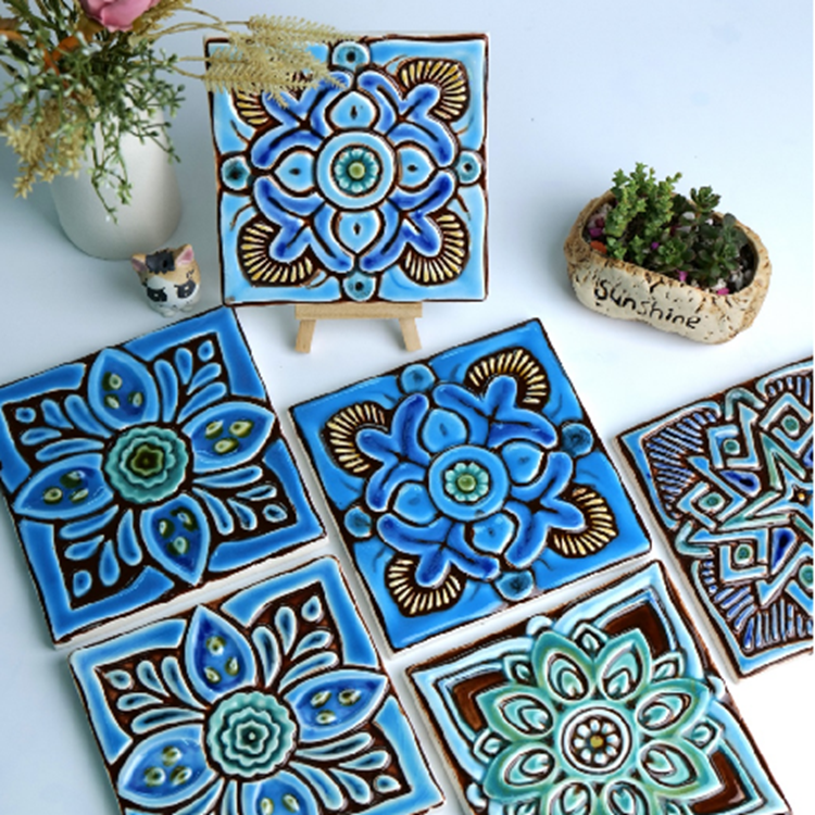 Gạch ốp tường nghệ thuật tranh gốm sứ 3D thủ công cổ điển phong cách Hồi giáo 15x15cm, sản xuất theo yêu cầu