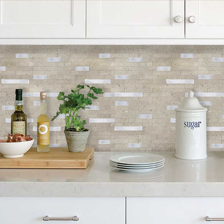 Gạch ốp tường tự dính Mosaic bóc ra và dán cho nhà bếp họa tiết đá dán trên tường nhà bếp bằng kim loại PVC tự làm
