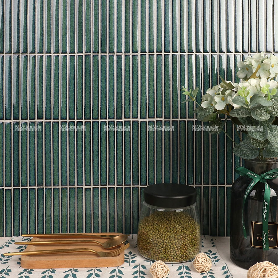 Gạch Mosaic Dạng Ngón Tay Trang Trí Men Sứ Màu Xanh Đậm Kiểu Xếp Mạch Thẳng 15x145mm Ốp Tường Phòng Tắm Cao Cấp Hiện Đại