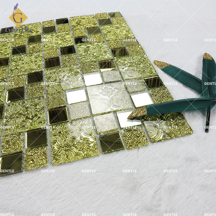 Tấm Dán Gạch Mosaic Gương Vàng Thủy Tinh Ốp Tường Phòng Khách