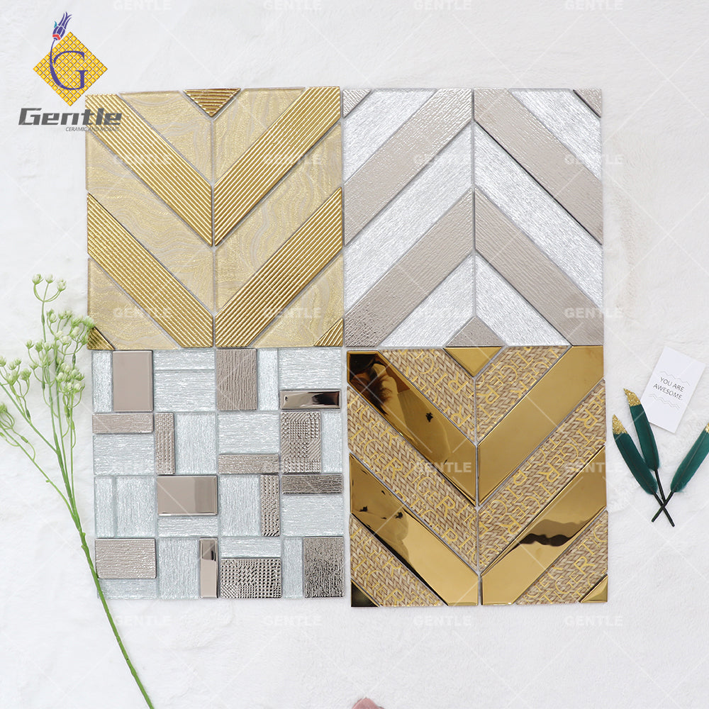 Gạch Mosaic Thủy Tinh Ánh Kim Họa Tiết Xương Cá Màu Vàng