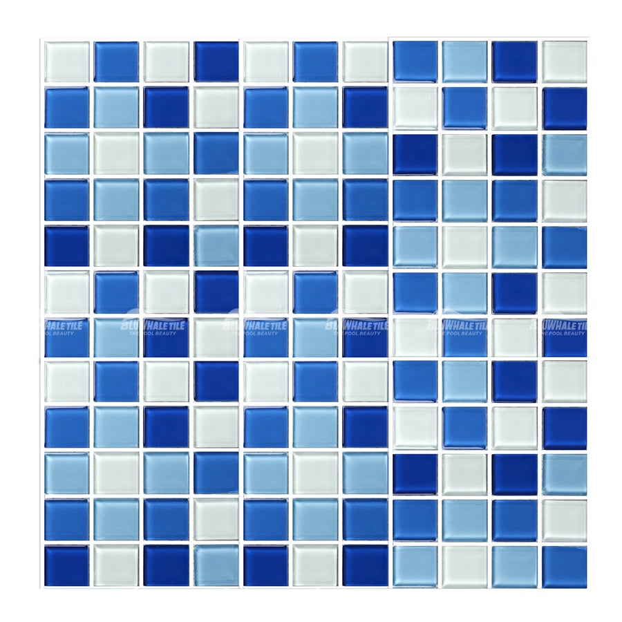 Gạch Bluwhale - Nhà cung cấp hồ bơi trọn gói - Giá nhà máy Phật Sơn - Gạch kính mosaic pha lê hình vuông màu xanh dương phối màu cho hồ bơi và phòng tắm