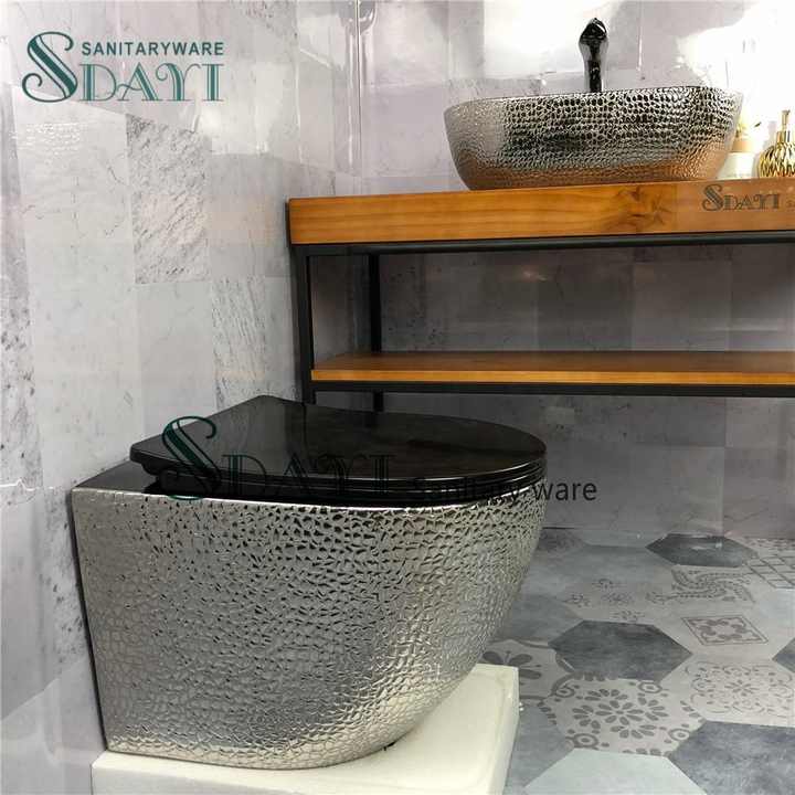 Bồn cầu treo tường SDAYI có bồn nước âm tường màu bạc không viền bằng gốm mạ điện thiết kế hình cá sấu