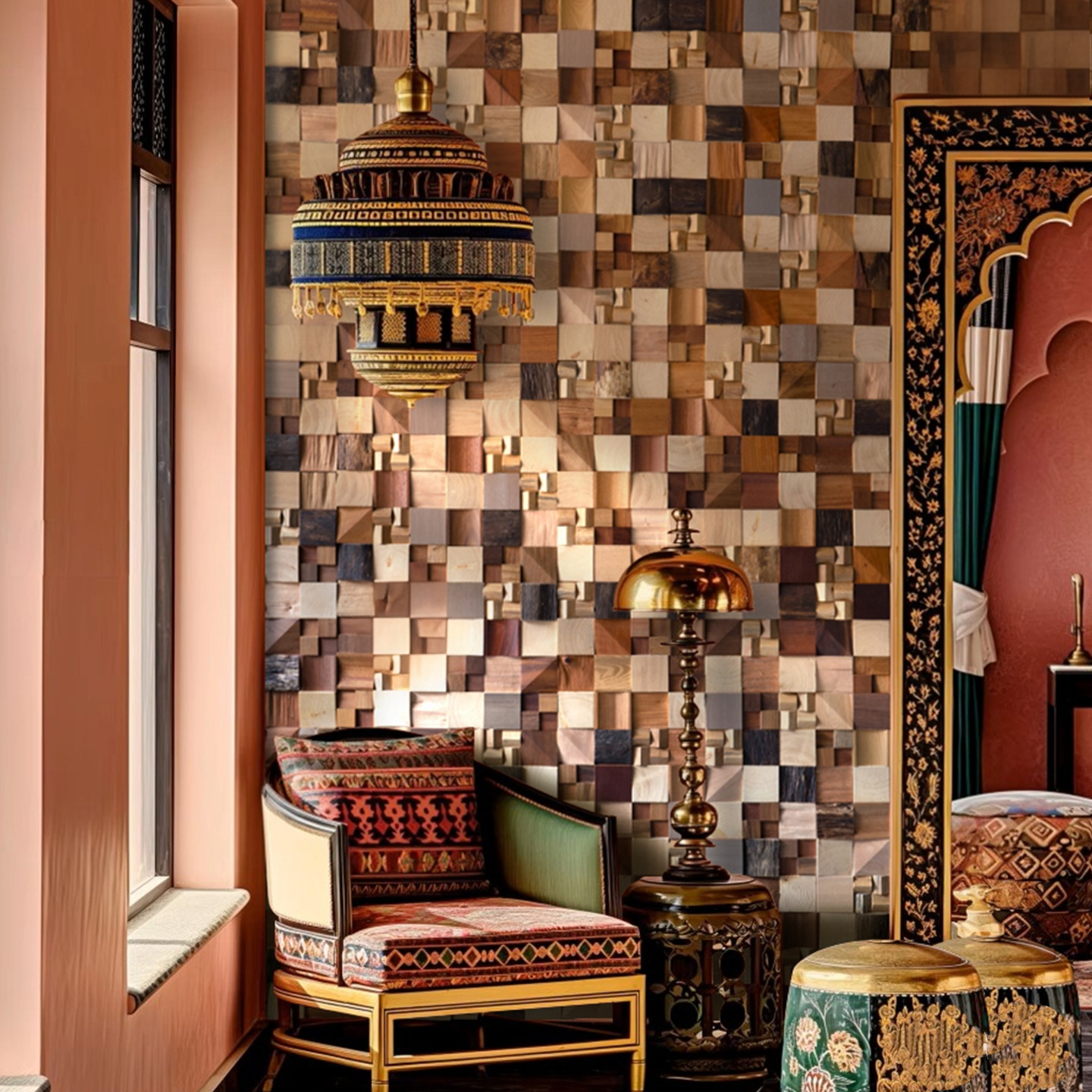 Tấm ốp tường gỗ nguyên khối dạng gạch mosaic 3D, ghép hình nghệ thuật hình học phong cách thiết kế Trung Quốc xu hướng mới, đề can nghệ thuật tái sử dụng