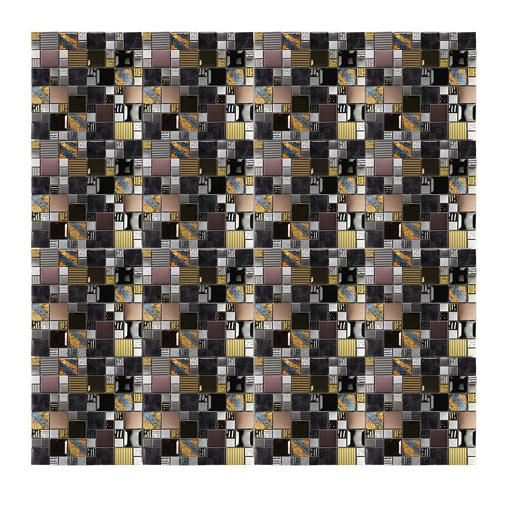 Gạch mosaic thủy tinh ốp tường bếp và tường sảnh, hỗn hợp kính lấp lánh màu, kim loại vàng và thép không gỉ