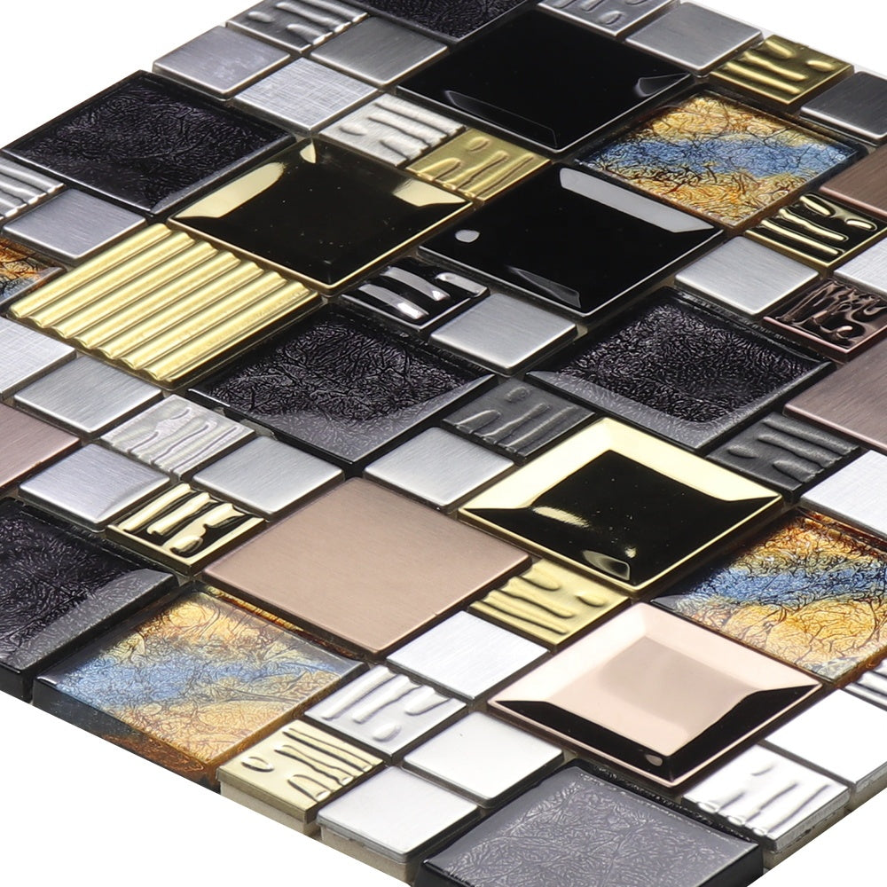 Gạch mosaic thủy tinh ốp tường bếp và tường sảnh, hỗn hợp kính lấp lánh màu, kim loại vàng và thép không gỉ