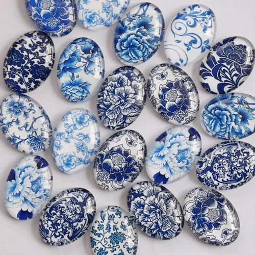 13x18mm 18x25mm 30x40mm Random Mixed Blue and White Porcelain Oval Glass Cabochon Flatback Photo Base Tray Blank DIY Accessories