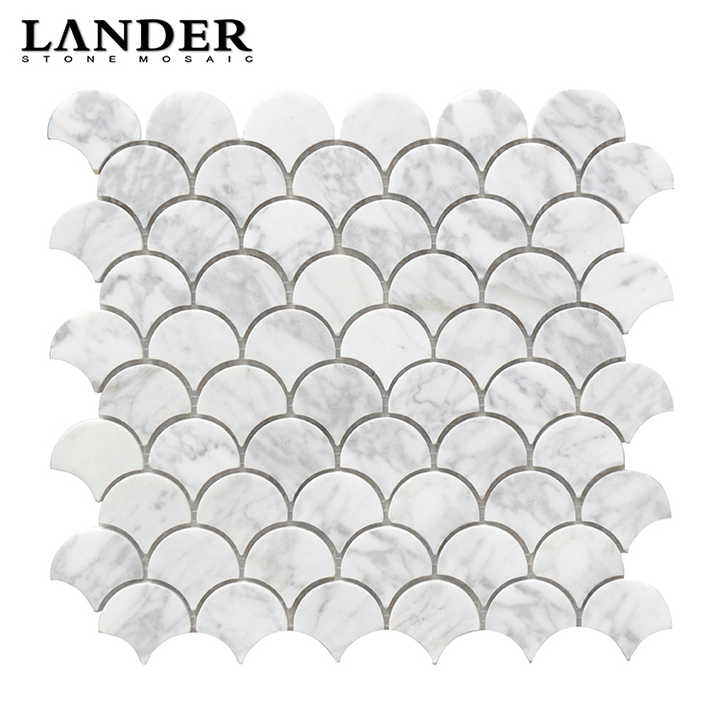 Gạch mosaic đá cẩm thạch hình quạt vảy cá Bianco Carrara cho phòng tắm và nhà bếp