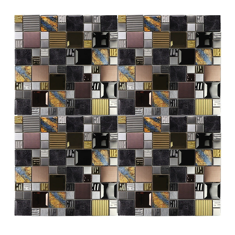 Gạch mosaic thủy tinh ốp tường bếp và tường sảnh, hỗn hợp kính lấp lánh màu, kim loại vàng và thép không gỉ